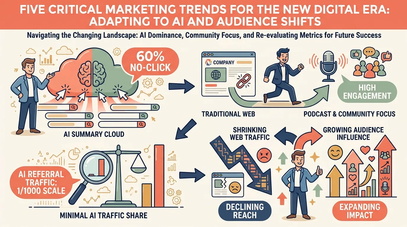 Infographic showing five 2026 marketing trends: 374 out of 1000 EU searches lead to a click, AI summaries dominating search results panel, B2B web traffic declining with podcast and community arrows growing, and AI referral traffic at 1/1000 scale versus press hype
