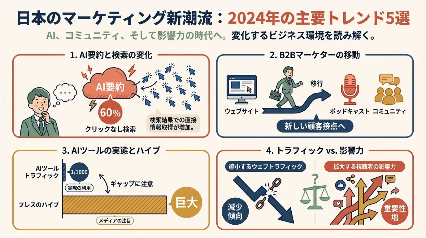 2026年マーケティング5大変化を示すインフォグラフィック：ゼロクリック60%の数値、AIサマリー爆発アイコン、B2Bウェブ離れのグラフ、AI訪問1/1000ラベルを含む
