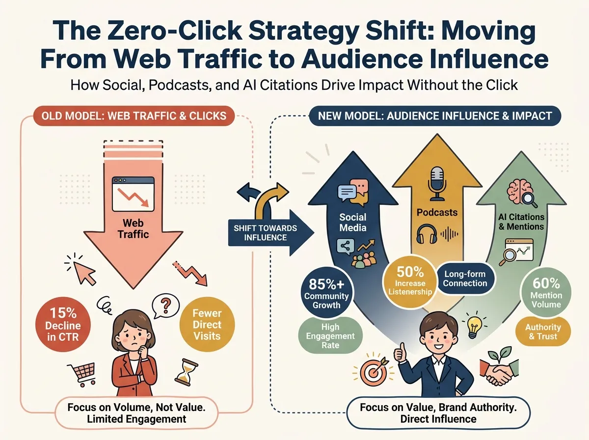Channel influence shift diagram: thin arrow for web traffic versus thick arrows for social media, podcasts, and AI citations, illustrating the shift from click-based to influence-based marketing
