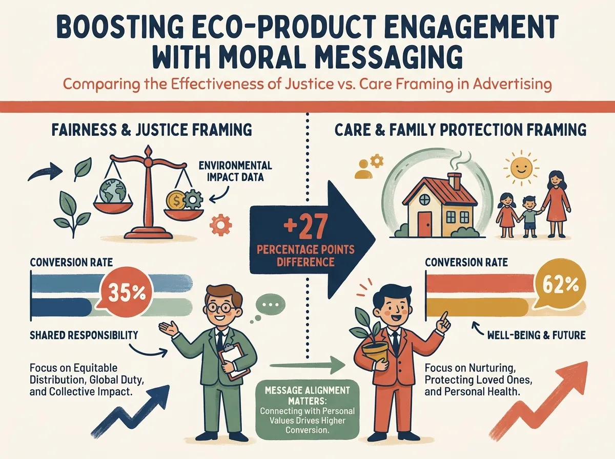 A side-by-side product advertisement comparison: left panel shows a justice/fairness frame (scales icon, environmental impact data); right panel shows a care/family frame (home and children icons). Separate bar charts show different audience conversion rates for each message