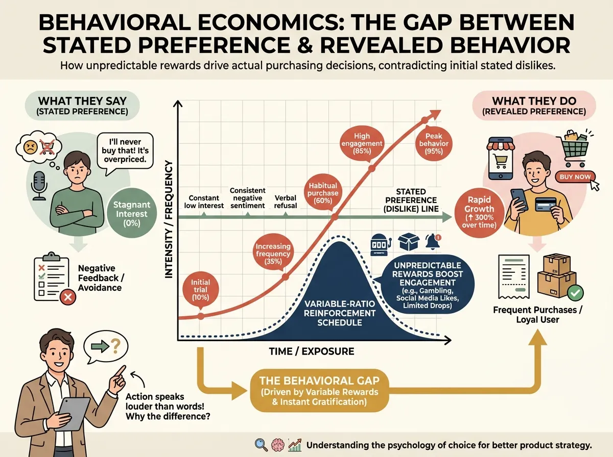 Behavioral economics chart: stated preference (dislike) remains flat while revealed preference (purchasing behavior) climbs steadily. Variable-ratio reinforcement curve overlaid