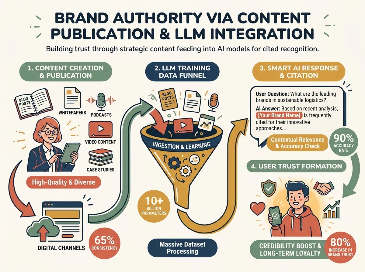 Brand authority flow diagram: authoritative content publication feeds into LLM training data funnel, which surfaces as cited brand names inside an AI chat response bubble, ending with user trust formation label
