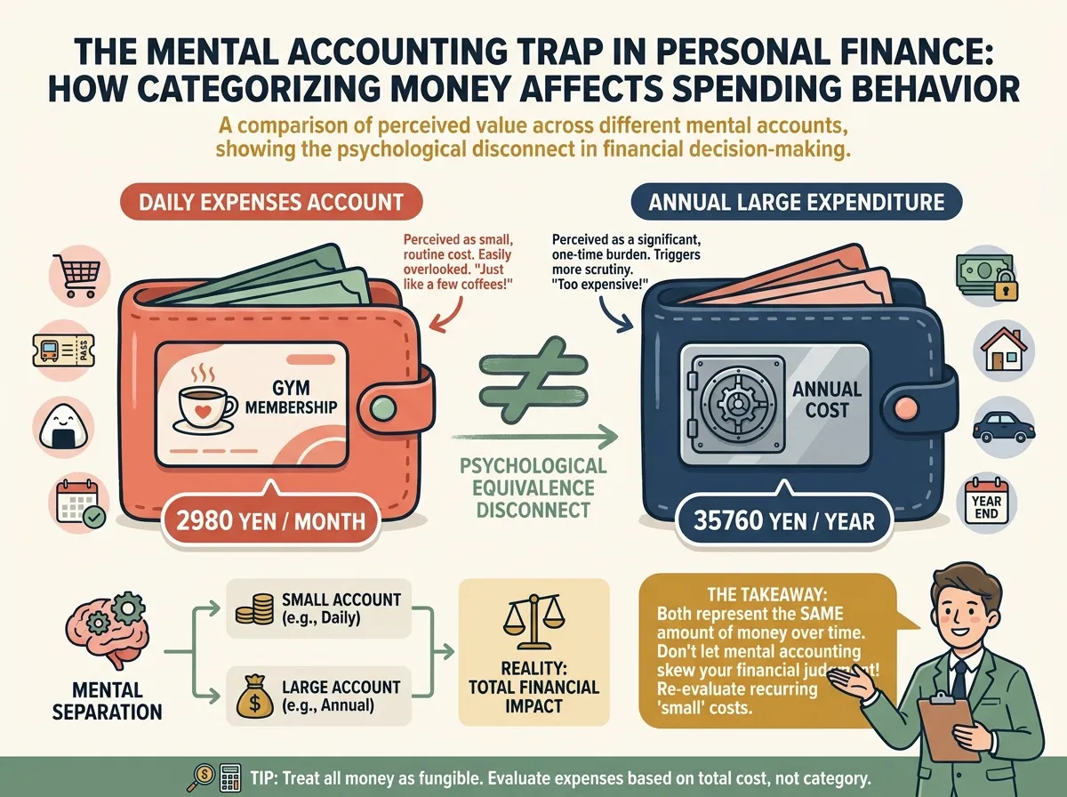 Two wallet illustrations side by side: left wallet labeled "daily expenses account" holds a gym membership card showing ¥2,980/month and a coffee cup icon; right wallet labeled "annual large expenditure" holds a card showing ¥35,760/year and a bank vault icon. A wavy equals sign between them. English annotations explain how the same total amount feels psychologically heavier when filed in the annual large-purchase account — illustrating mental accounting.