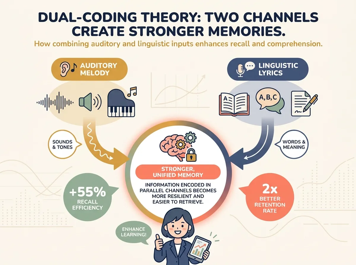 Dual-coding theory diagram: auditory channel (melody) and linguistic channel (lyrics) merging into a stronger, integrated memory node. Ochre and navy infographic style