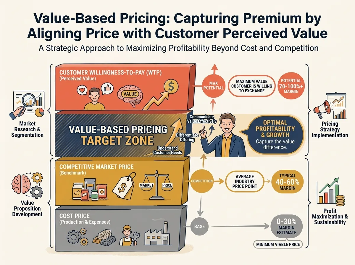 A vertical scale infographic in English showing cost, competitive price, and customer WTP as three distinct levels, with the value-based pricing target zone highlighted between competitive price and WTP. Navy and ochre palette.