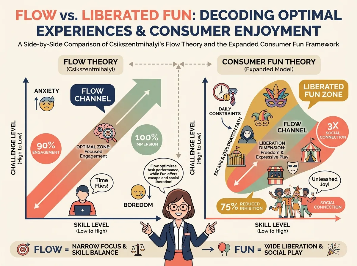 A comparative diagram of Flow Theory (narrow optimal channel between challenge and skill) vs Consumer Fun Theory (a third dimension of normative liberation shown as a colored overlay zone). Icons representing costumes, anonymous masks, carnival atmosphere, and designated play spaces accompany the liberation zone