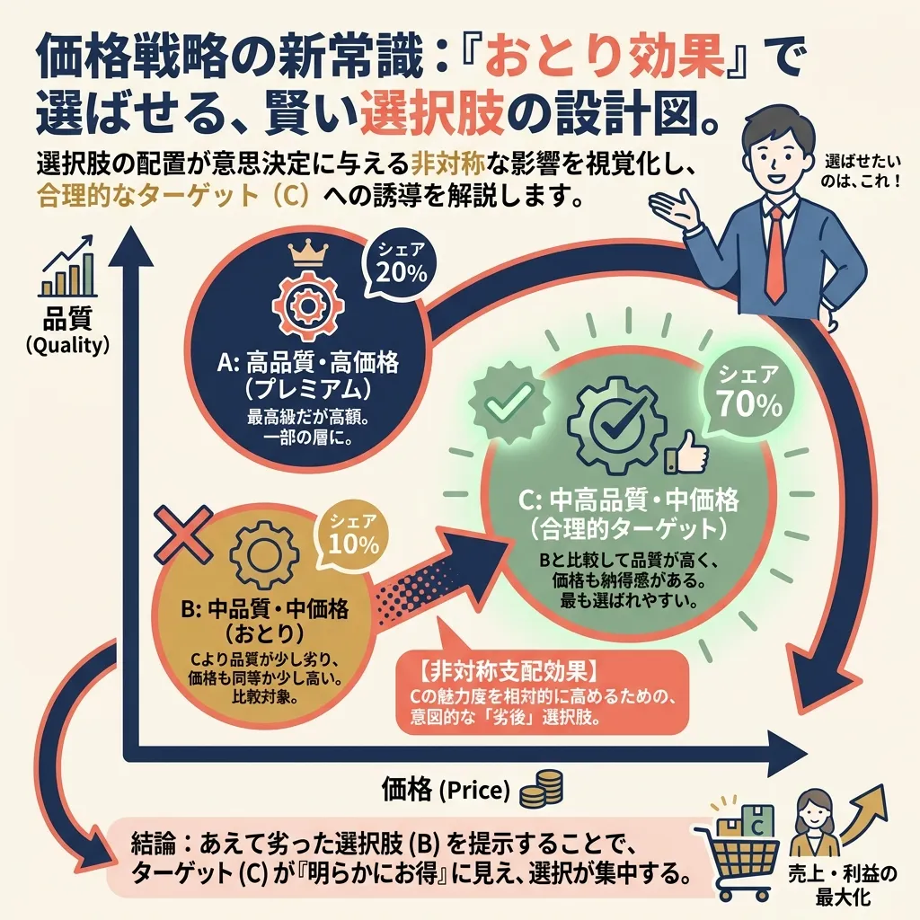 品質と価格の2軸散布図に3つの選択肢が配置されたダイアグラム。左下に選択肢B（デコイ：品質・価格ともに選択肢Cより劣る）、右中に選択肢C（ターゲット：光るチェックマーク付き）、左上に選択肢A（高品質・高価格）。BからCへの破線矢印に「非対称優越」ラベル。日本語の説明テキスト付き。