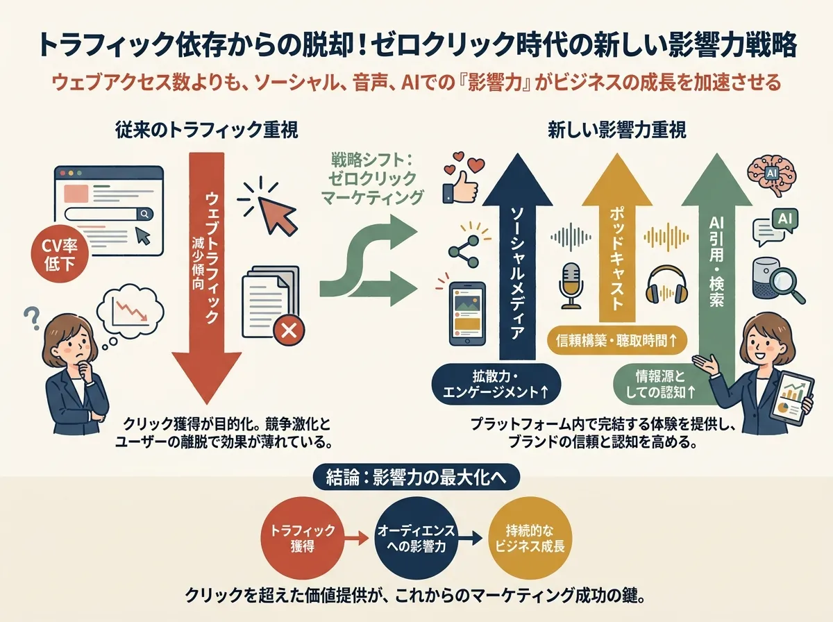 ウェブトラフィックの矢印が細くなり、SNS・ポッドキャスト・AI引用への矢印が太くなる「影響力の競争軸」移行図