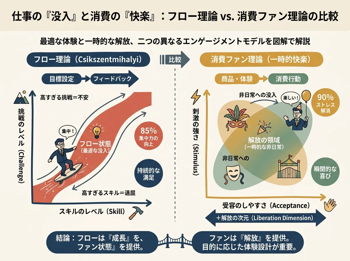 フロー理論（能力と挑戦のバランスで生まれる没入チャネル）と消費者ファン理論（規範的解放というサードディメンションが加わる）を比較した図。解放ゾーンがカラーオーバーレイで追加されている