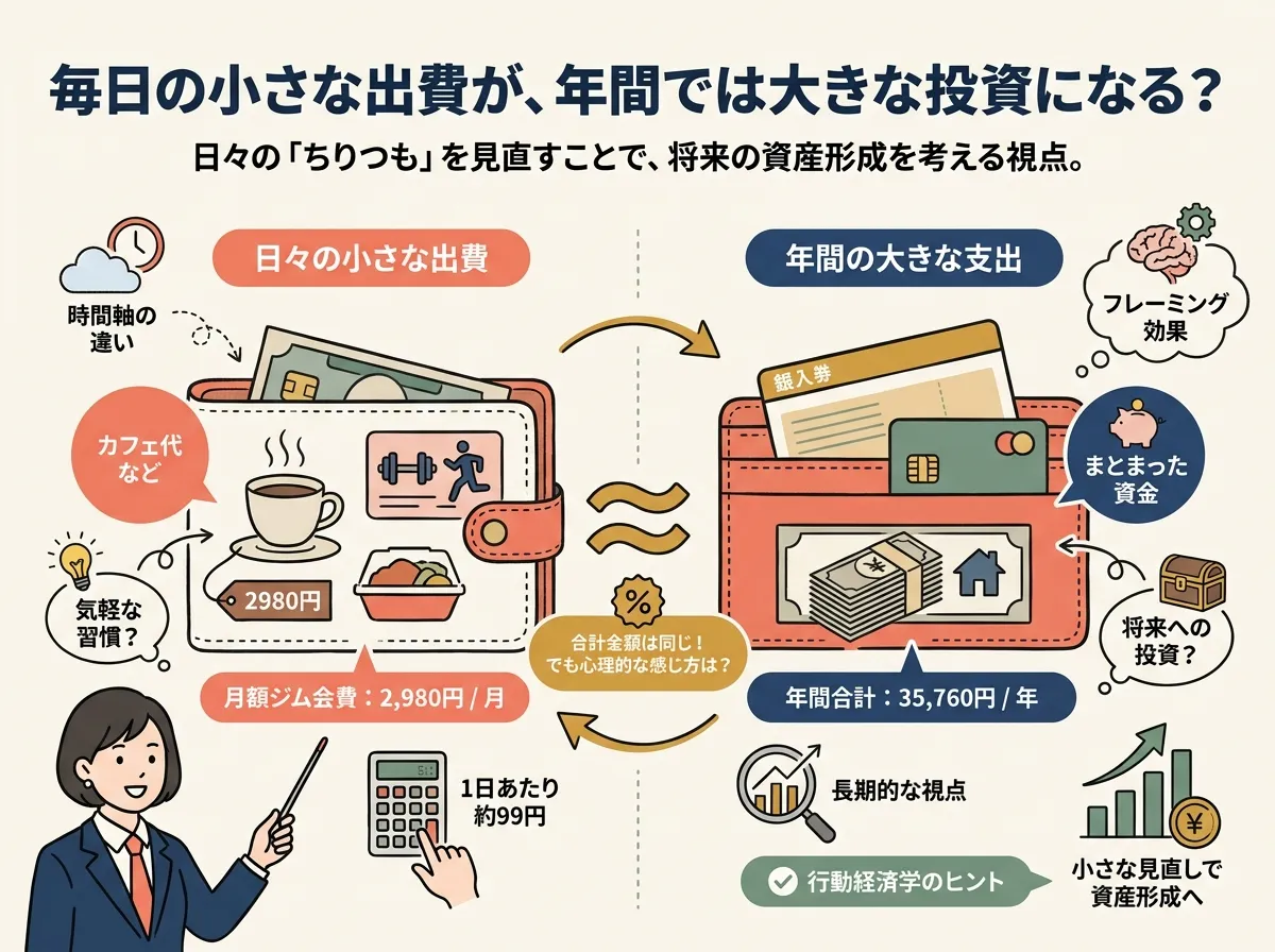 2つの財布イラスト:左の「日常小遣い口座」財布には月額2980円のジム会員証カードとコーヒーカップアイコン、右の「年間大型出費口座」財布には年額35760円カードと銀行金庫アイコン。両者の間に「=」記号。同額でも心理的口座が異なれば支出感が変わるメンタル・アカウンティングの構造を図解。