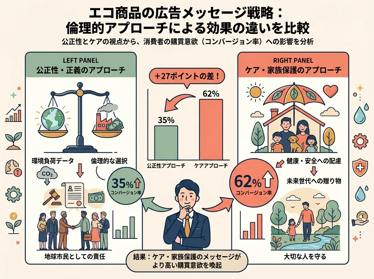 同一商品に 2 つの異なるメッセージを当てた比較図。左は「公正・環境正義」訴求（天秤アイコン）、右は「ケア・家族保護」訴求（家族アイコン）。それぞれ異なる消費者層への転換率バーを示す