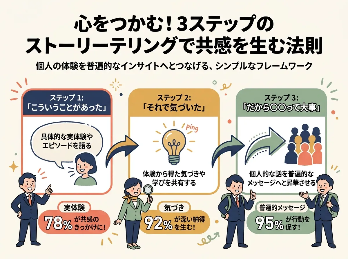 ストーリーテリング3段構成：「This happened → Which made me realize → That's the thing about [topic]」の流れを示す図解。個人体験から普遍的洞察へ橋を架けるステップダイアグラム