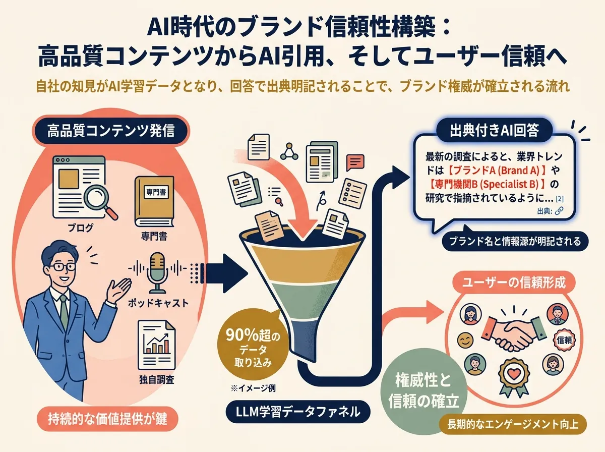 ブランドの権威コンテンツ→LLM学習データへの流入→AI回答内での引用→ユーザー信頼形成を示すフロー図